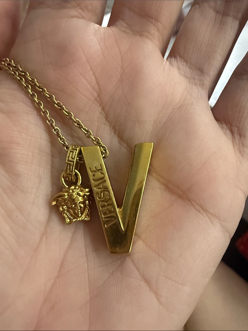 Versace Gold V Initial Necklace with Medusa Charm